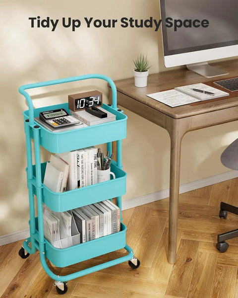 Three Tier Mesh Rolling Cart On Wheels With Handle Turquoise Finish next to desk, space-saving mobile storage organizer for office