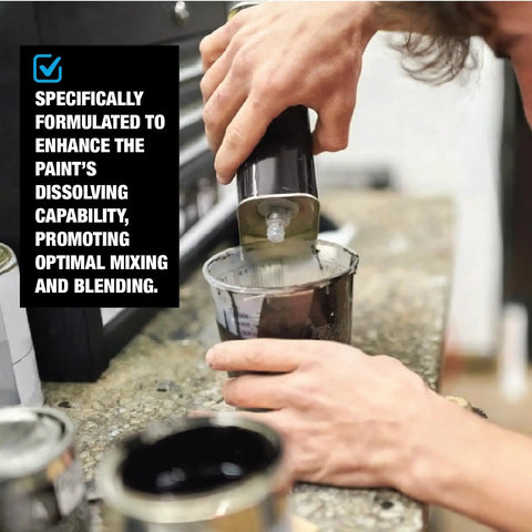 Person pouring urethane grade reducer into a mixing container, preparing automotive coatings for optimal mixing and blending.