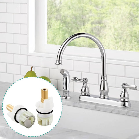 Leak Free Delta Two Handle Faucet Repair Kit With Stem Assembly Replacement Pack Includes Cartridges RP24096 Seats RP4993 Springs And One Quarter Turn Stops 2 Pack shown with faucet