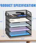 5 Tray Letter Paper Organizer with Handle Mesh Desk File Sorter, shown in a five-layer configuration with handle, dimensions labeled.