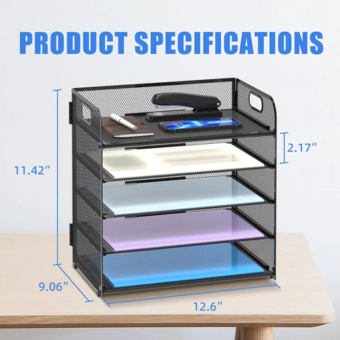 5 Tray Letter Paper Organizer with Handle Mesh Desk File Sorter, shown in a five-layer configuration with handle, dimensions labeled.