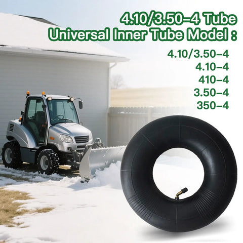 Two Pack Heavy Duty Inner Tubes For 4.10 3.50 4 Tires With TR87 Bent Valve Stem Fit Wheelbarrows Mowers Hand Trucks Yard Trailers And More Made From Durable Butyl Rubber For Long Lasting Performance next to a snow tractor