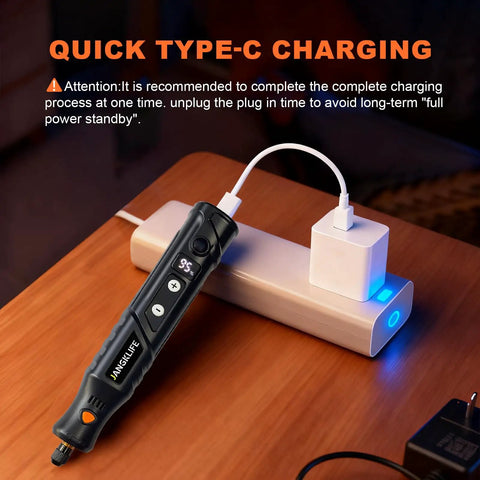 Quick type-C charging of Mini Cordless Rotary Tool Kit With 76 Piece Accessory Set 5 Speed 3.7V Rechargeable Hand Tool.