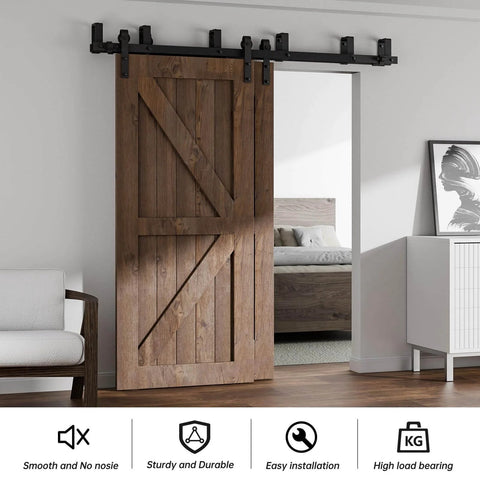 7Ft Low Ceiling Bypass Sliding Barn Door Hardware Kit With Double Track For Double Wooden Doors Black Finish, Installed in Room