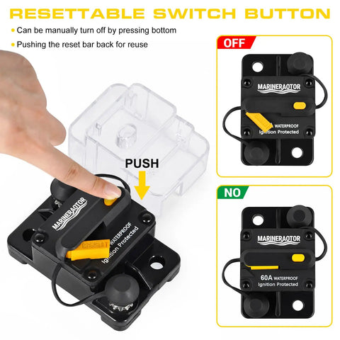 Hella Heavy Duty Built Rugged 60Amp Marine Circuit Breaker With Waterproof Sealed Cover Battery Disconnect Switch Inline Fuse Protector For Solar Boat Trolling Motor Systems with manual reset switch.