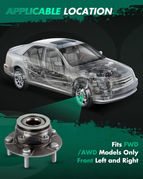 Diagram showing Two Front Wheel Bearing And Hub Assembly With ABS For Nissan Rogue 2008 2013 Rogue Select 2014 2015 And Sentra 2007 2012 Ready To Roll Front Hub Kit Fits Front Positions 513298 displayed with car illustration.