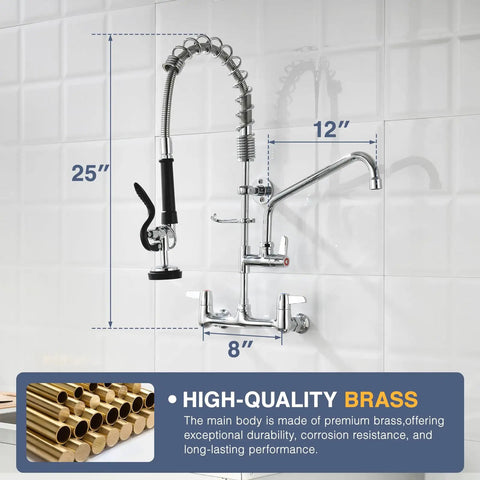 Heavy Duty Commercial Sink Faucet Wall Mount With Pre Rinse Sprayer, 25" high, lead free brass with chrome finish.