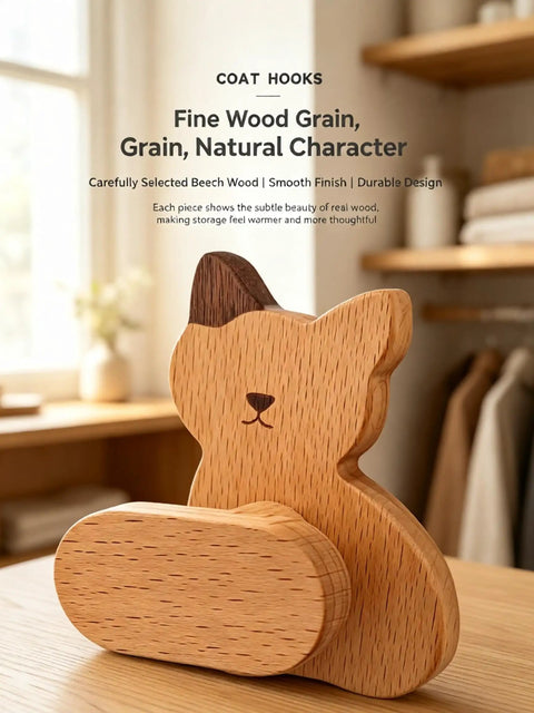 4 Pack Nordic Beech Wood Animal Wall Hooks Totally Fresh Squad Bear Cow Cat Chick Designs Solid Wood Coat Hangers with Smooth Rounded Edges for Nursery and Home Organizing Needs, cat hook detailed view.