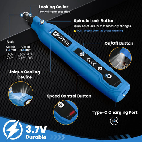 Mini Cordless Rotary Tool 5 Speed Rechargeable Heavy Lifter front view showing buttons and charging port for custom projects.