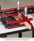 Iron Grip Coping Sled for Router Table with upgraded stiffer base and large fence guide, precision woodworking tool in use