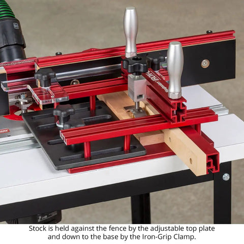 Iron Grip Coping Sled for Router Table with upgraded stiffer base and large fence guide, precision woodworking tool in use