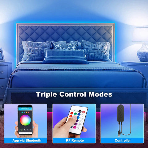 60 To 65 Inch TV Backlight Kit With App Control RGBWW LED Strips demonstrating triple control modes via devices