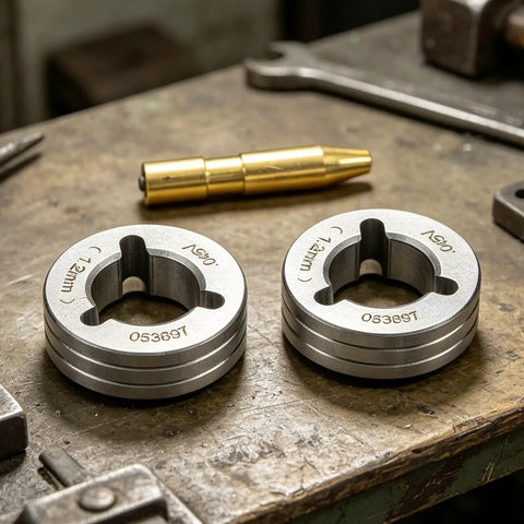 Premium Dual Size V Groove Drive Roll Kit With.030 And.035 Mig Welder Wire Feeder Gears And Precision Tool shown on a workbench.