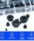 Kickass Rubber Grommet Kit Including 82 Durable Wire And Cable Protectors That Snap On Quick And Shield Your Harnesses From Daily Wear While Keeping Things Tight Across Five Sizes For Easy Car Or Home Setup. Flexible black silicone grommets in assorted sizes.