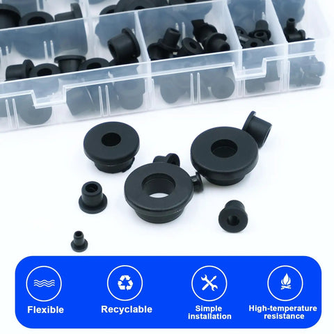 Kickass Rubber Grommet Kit Including 82 Durable Wire And Cable Protectors That Snap On Quick And Shield Your Harnesses From Daily Wear While Keeping Things Tight Across Five Sizes For Easy Car Or Home Setup. Flexible black silicone grommets in assorted sizes.