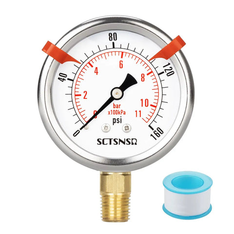 Glycerin Filled 0 To 160 Psi Pressure Gauge With 2.5 Inch Dial And 1/4 NPT Lower Mount Stainless Steel Case for various tests