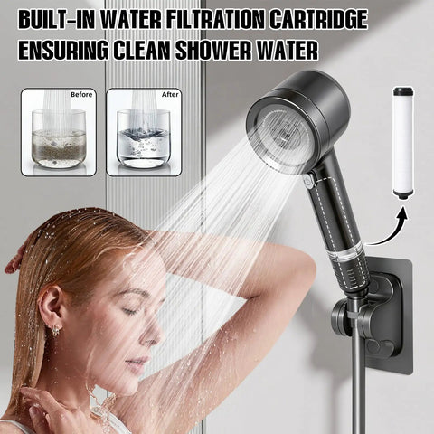 Woman enjoying shower with All In One High Pressure Shower System With 4 Spray Handheld Head Seven Replacement Filters