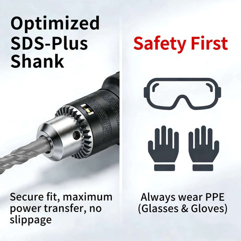 Kinspire SDS Plus masonry drill bit set shown in a drill chuck with a metal bit