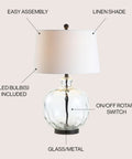 Clear Glass And Black Metal LED Table Lamp For Bedroom And Living Room, Transitional Farmhouse Style Nightstand Light With White Linen Shade