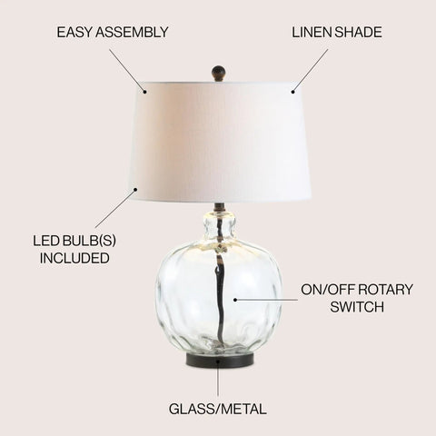 Clear Glass And Black Metal LED Table Lamp For Bedroom And Living Room, Transitional Farmhouse Style Nightstand Light With White Linen Shade