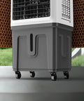 Industrial Portable Evaporative Swamp Cooler With Mobile Water Mist Setup detailed view of casters and tank for easy movement.