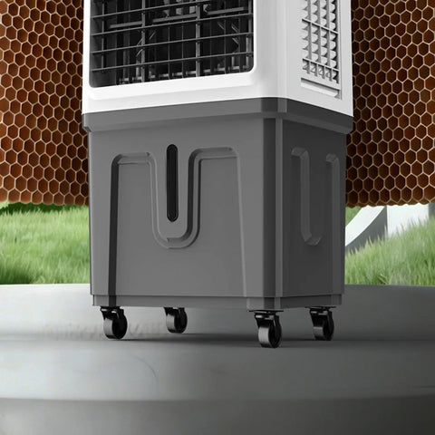 Industrial Portable Evaporative Swamp Cooler With Mobile Water Mist Setup detailed view of casters and tank for easy movement.
