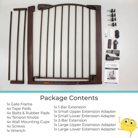 Stone Arch Auto Close Baby Gate For Doorways Bronze Metal Safety Gate package contents showing gate frame and components