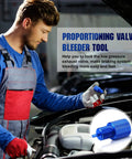 Solid Aluminum Two Piece Brake Proportioning Valve Bleeder Tool Kit For Disc And Drum Systems With Pv2 Pv4 Shuttle Valve Compatibility; mechanic using tool.
