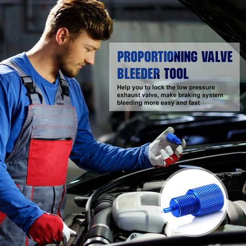 Solid Aluminum Two Piece Brake Proportioning Valve Bleeder Tool Kit For Disc And Drum Systems With Pv2 Pv4 Shuttle Valve Compatibility; mechanic using tool.