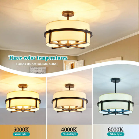 Three color temperatures of Four Light Modern Drum Chandelier With Fabric Shade, Semi Flush Mount Ceiling Light In Matte Black Iron