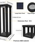 Diagram of Solar Patio Floor Lamp 2 Pack Waterproof RGB Color Changing Garden Path Lights with dimensions and solar panel details.