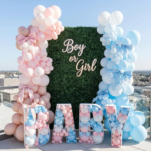 Pastel Pink and Blue Gender Reveal Balloons Set 60 Pack 12 Inch Includes 20 Pink 20 Blue 10 Pink Bow Print 10 Blue Bow Print Balloons Plus Ribbon for Easy Decorating Perfect for Baby Shower or Boy or Girl Reveal displayed in a decorative setup