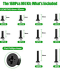 Pro Grade M4 Flat Head Machine Screws Black 168 Piece Heavy Duty Kit with various lengths for electrical applications.