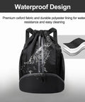 Waterproof Drawstring Gym Bag With Shoes Compartment And Wet Pocket Sports Backpack showing water resistance with splash effect.