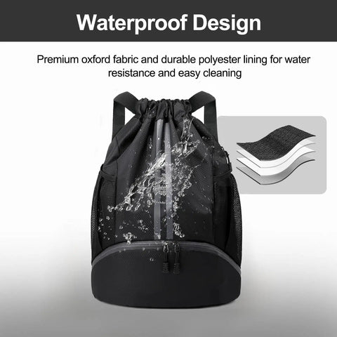 Waterproof Drawstring Gym Bag With Shoes Compartment And Wet Pocket Sports Backpack showing water resistance with splash effect.
