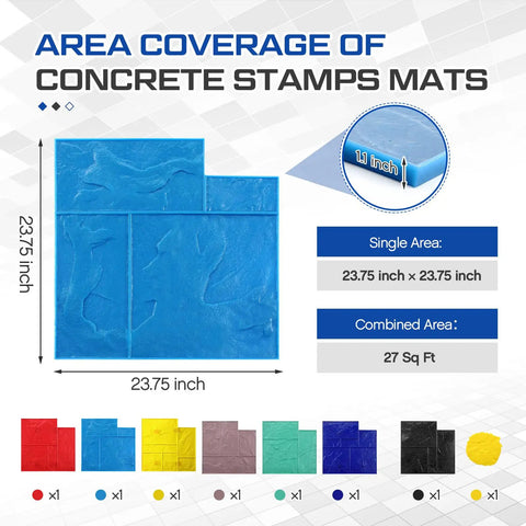 Eight Piece Concrete Stamping Mats Set With Reusable Polyurethane Texture Mats For Patios Floors Driveways And Walkways In Seven Colors Square Design showcased with dimensions and color options.