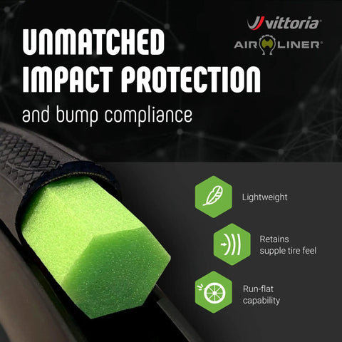 Air-Liner Road Insert For Tubeless-Ready Road Bike Tires With Run-Flat Tech shown as green polymer foam in tire cutaway