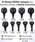 9-Model NEMA Adapter for Tesla Gen 2 & Gen 3 Mobile Connector options, showcasing various plug types and configurations.