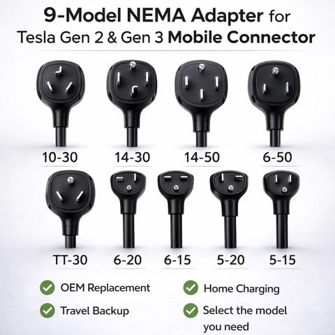 9-Model NEMA Adapter for Tesla Gen 2 & Gen 3 Mobile Connector options, showcasing various plug types and configurations.