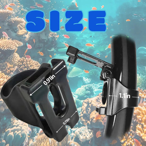 Two Pack Snorkel Clips Universal Plastic 25mm Snorkel Holder And Retainer For Scuba Diving And Snorkeling Gear Quick Release Air Tube Keeper Durable Snorkel Clip Replacement with size measurements.