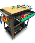 Heavy-Duty Rolling Utility Cart With Wooden Top, 3-Tier Mobile Workshop Table On Sturdy Casters, Boss-Grade Tool Organizer Cabinet For Garage, Shop Or Warehouse, 330Lb Load Capacity, Portable, Durable And Versatile with tools displayed on top and shelves.