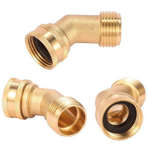 45 Degree Garden Hose Elbow Gooseneck Brass Connector 3/4 Inch GHT To 3/4 Inch No Fuss Stress Relief For RV Water Hoses Heavy Duty Solid Brass Includes Washers 2 Pack For Pressure Washers And Campers, 2 brass elbows