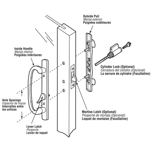 Diagram of sliding patio door handles showing inside handle, outside pull, and optional lock, labeled for easy assembly.