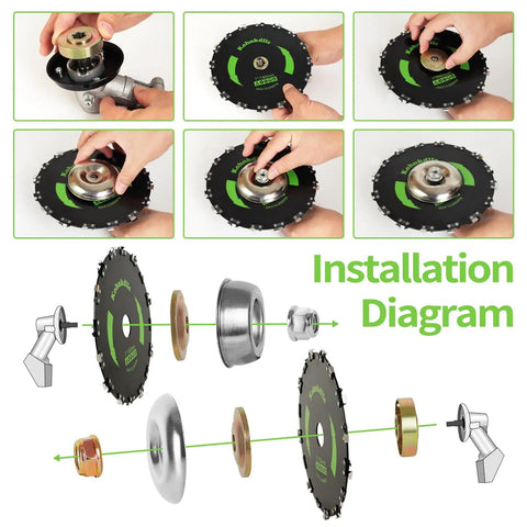 Installation steps for Heavy Duty 9 Inch 20T Carbon Steel Chainsaw Brush Cutter Blade Kit For Weedeater with adapters and files.