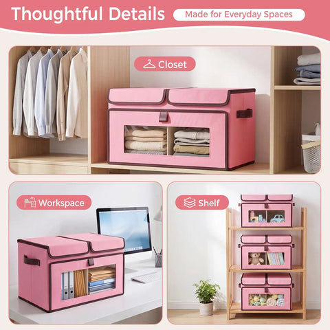 No Hassle Straight Up Foldable Fabric Storage Bins With Tough Lids And Transparent Panels For Rapid Grab. Pink storage bin with clear panels.