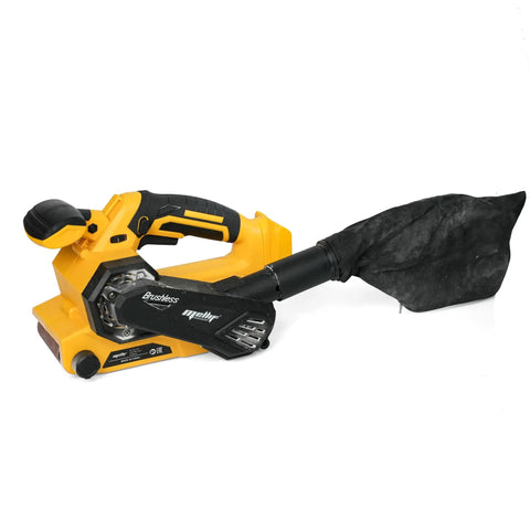Badass Cordless Brushless Belt Sander With Six Variable Speed Settings and Raw Grip, yellow tool with dust bag attachment