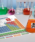 6x9 Laminated Periodic Table Poster For Classrooms And Study Spaces Your Go To Chemistry Reference Cheat Sheet With Element Symbols Properties States Of Matter Trends And Quick Equation Guide Perfect For High School And College Labs, with colorful chemical flasks in background