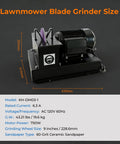 Give Your Yardwork A Major Upgrade With This Heavy Duty Blade Sharpener And Bench Grinder Boasting A Beefy 1Hp Motor, Fast Cutting 9 Inch Ceramic Wheel, No Hassle Angle Brackets, And Fresh Sandpaper Sheets. Detailed image showing size and specifications of the mower blade sharpener.