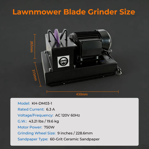 Give Your Yardwork A Major Upgrade With This Heavy Duty Blade Sharpener And Bench Grinder Boasting A Beefy 1Hp Motor, Fast Cutting 9 Inch Ceramic Wheel, No Hassle Angle Brackets, And Fresh Sandpaper Sheets. Detailed image showing size and specifications of the mower blade sharpener.