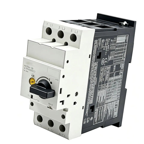 PKZM0-12 Circuit Breaker Game Changer Replacement For Eaton Electrical Protection, industrial grade, black, side view, safe operation.